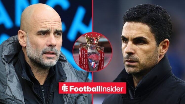 Arsenal manager Mikel Arteta and Man City manager Pep Guardiola with Premier League title inset