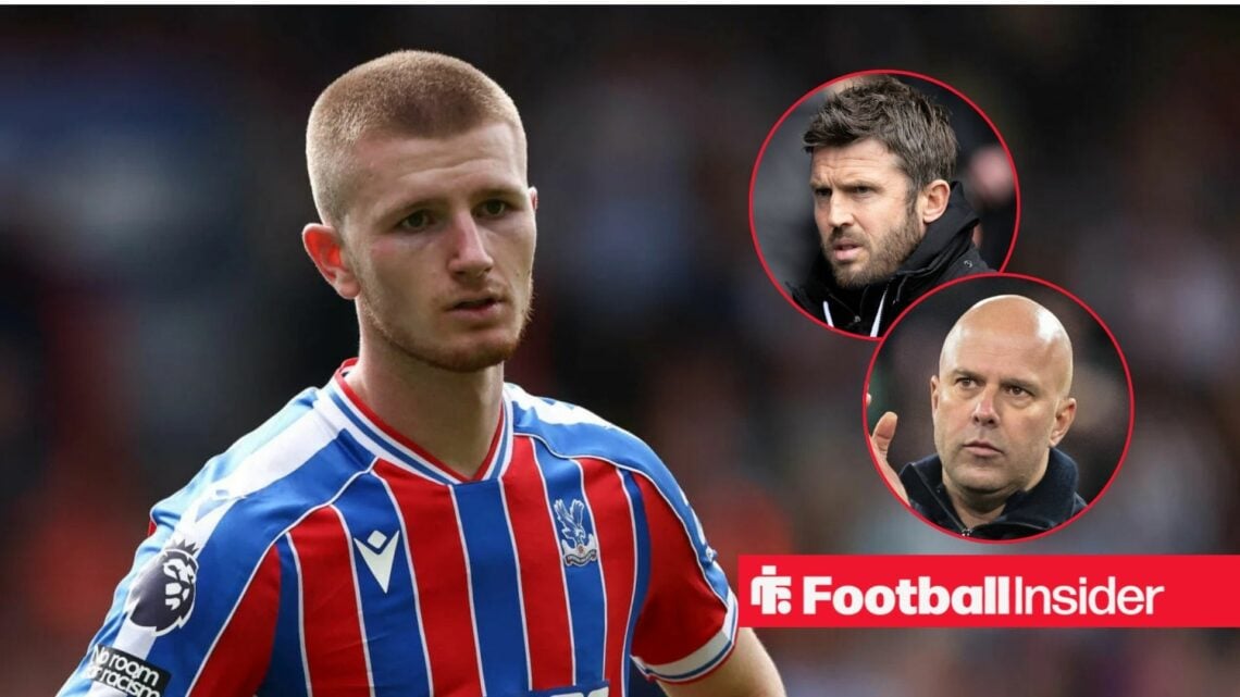 Adam Wharton in action for Crystal Palace with Michael Carrick and Arne Slot in circular insets