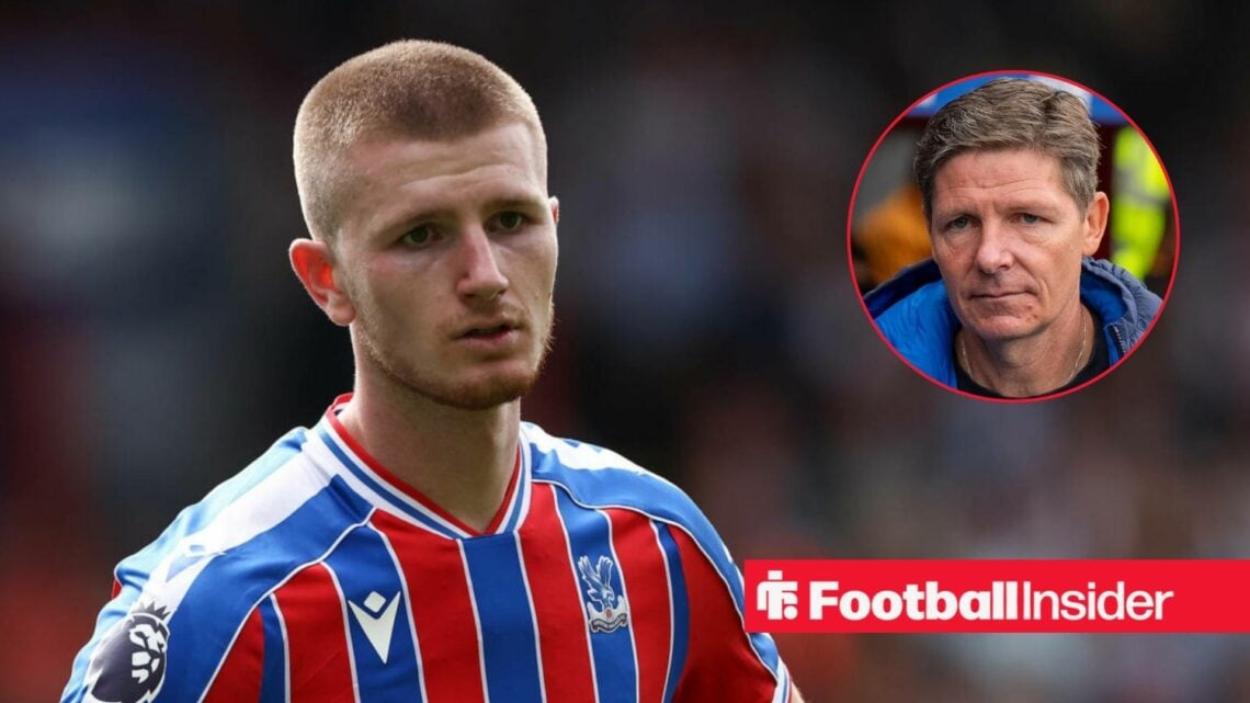 Adam Wharton in action for Crystal Palace, with Oliver Glasner in a circular inset