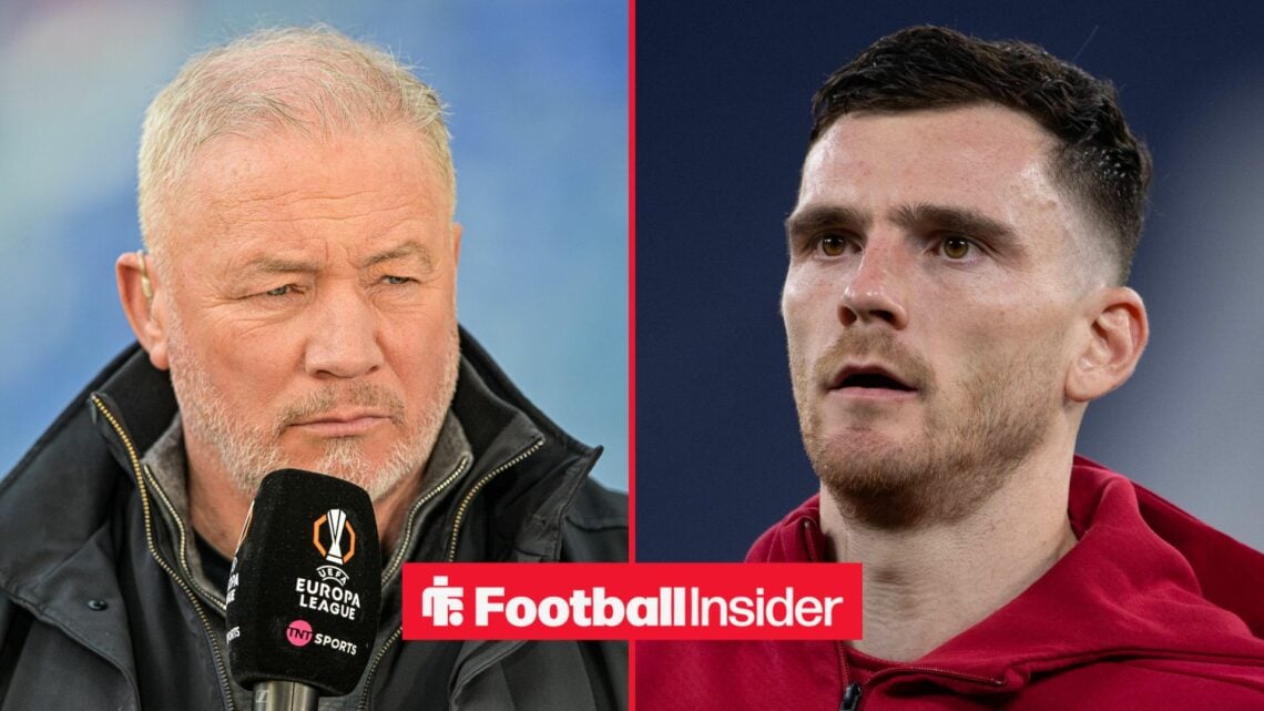 TNT Sports pundit Ally McCoist stares across a split image towards Liverpool defender Andy Robertson.