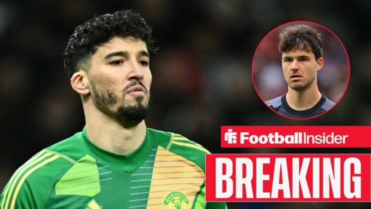 Altay Bayindir in action for Man United, with Senne Lammens in a circular inset