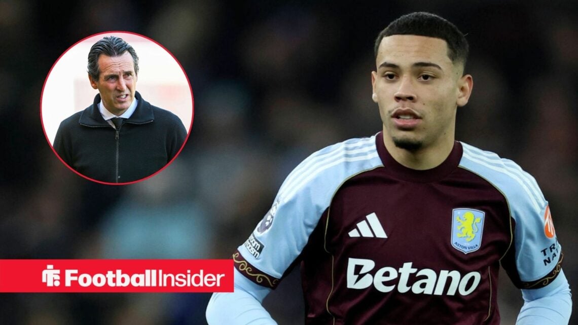 Alysson playing for Aston Villa in 2025-26, Unai Emery in a circular inset