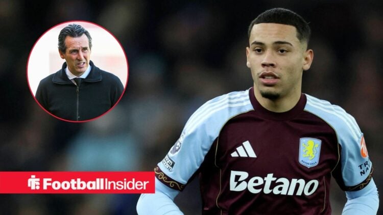 Alysson playing for Aston Villa in 2025-26, Unai Emery in a circular inset