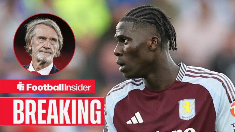 Amadou Onana in action for Aston Villa, with Jim Ratcliffe in a circular inset