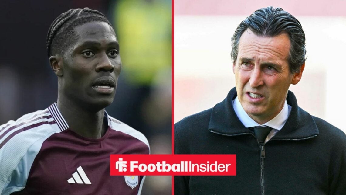 Amadou Onana in action for Aston Villa, with Unai Emery in a circular inset