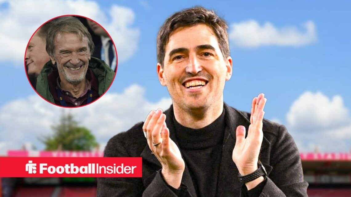 Andoni Iraola clapping with Sir Jim Ratcliffe included in a circular inset