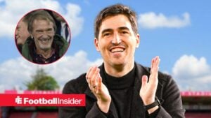 Andoni Iraola clapping with Sir Jim Ratcliffe included in a circular inset