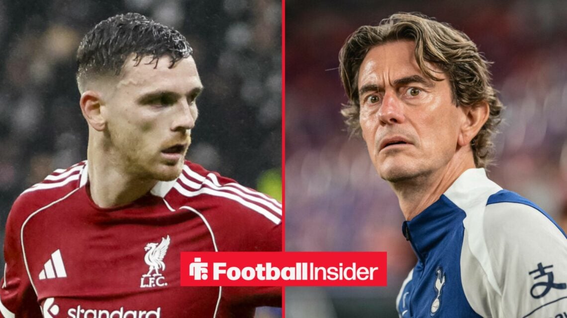 Andy Robertson in action for Liverpool, with Thomas Frank on the sidelines at Tottenham