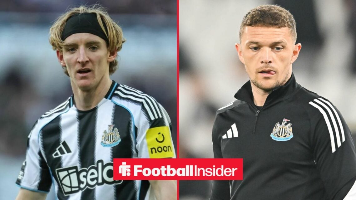 Newcastle forward Anthony Gordon in action during a game, as defender Kieran Trippier stares at the ground while warming up in the other half of a ...