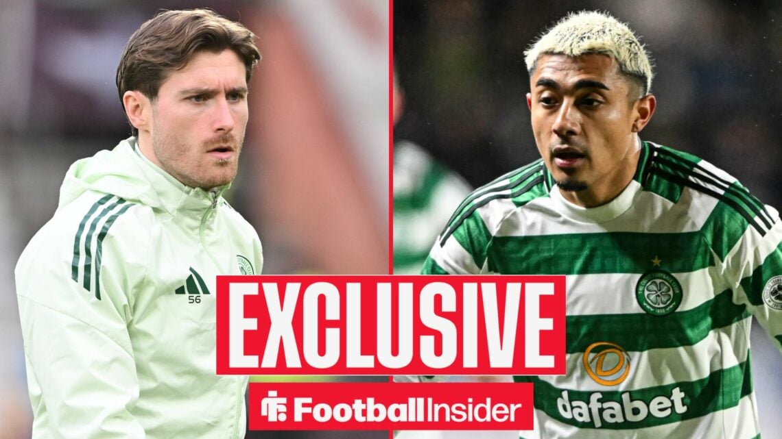 Football Insider exclusive as Celtic defender Anthony Ralston stares across a split image towards Julian Araujo, who is in action during a game.