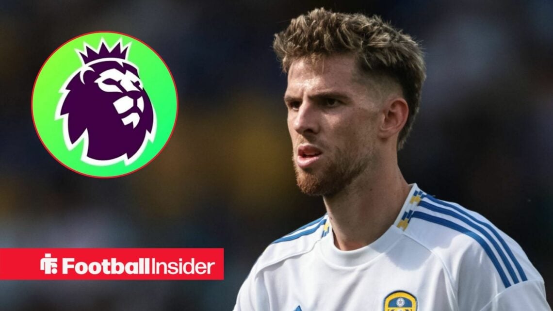 Leeds United midfielder Anton Stach in action, as he looks towards the Premier League logo, which features in a circular inset.