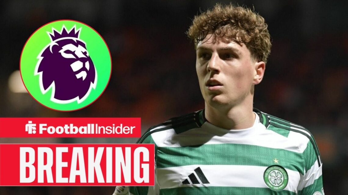 Breaking news as Arne Engels is in action for Celtic, as the Premier League logo features in a circular inset.