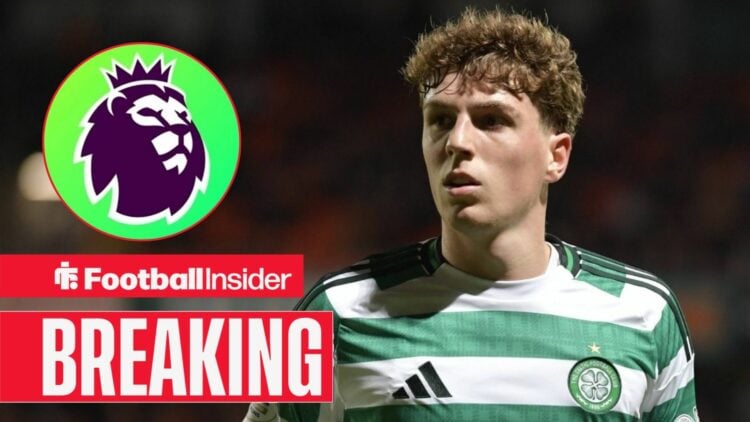 Breaking news as Arne Engels is in action for Celtic, as the Premier League logo features in a circular inset.