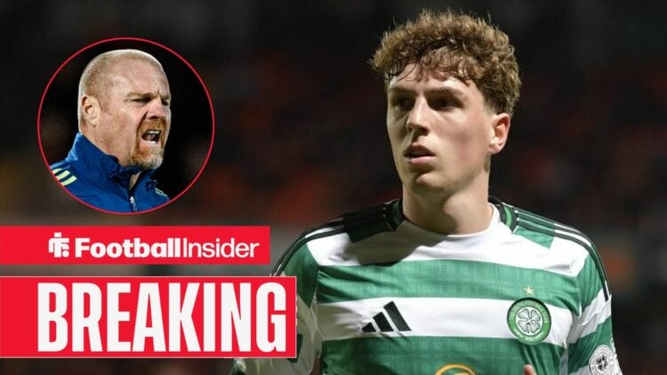Breaking news as Arne Engels is in action for Celtic, while Nottingham Forest manager Sean Dyche shouts in a circular inset.