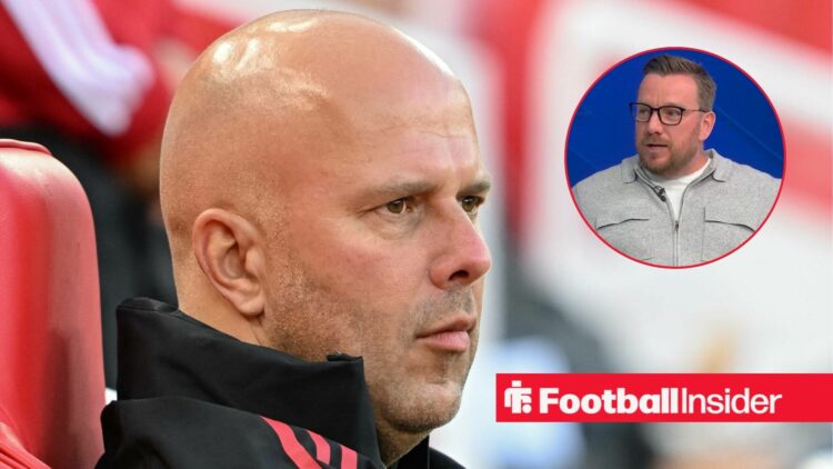 Liverpool manager Arne Slot looks towards Jamie O'Hara, who features in a circular inset.