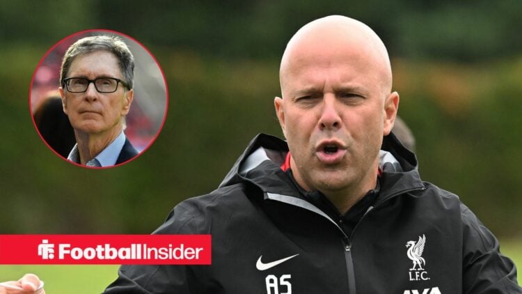 Arne Slot leading training at Liverpool, with John Henry in a circular inset