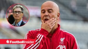 Arne Slot with his hand on his chin with John Henry included in a circular inset