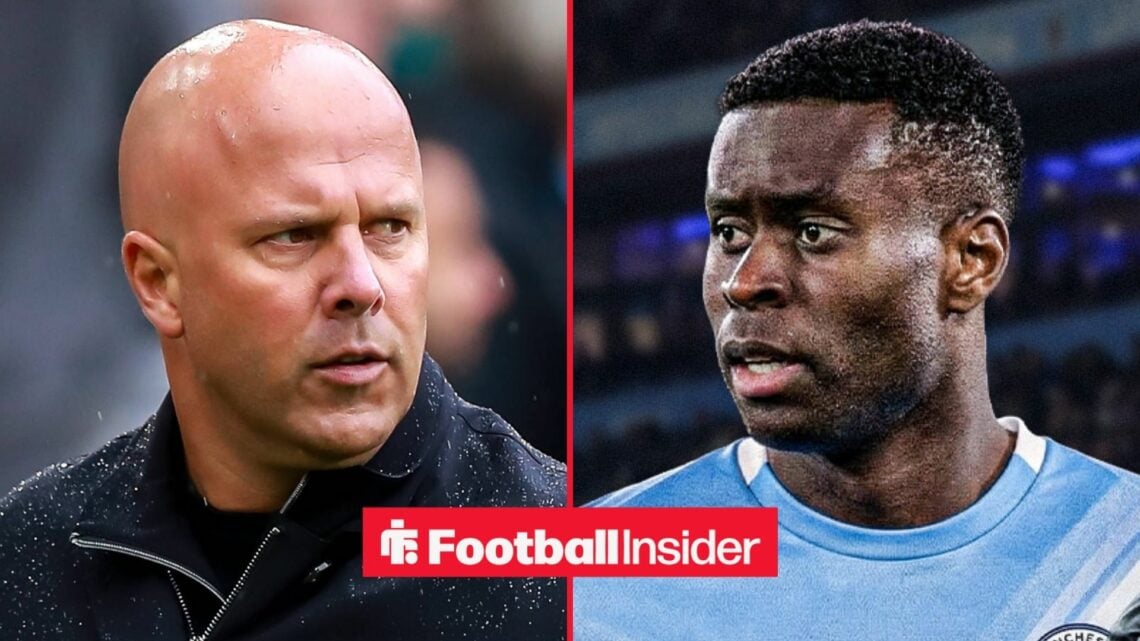 Arne Slot looking concerned alongside Marc Guehi in a Man City shirt