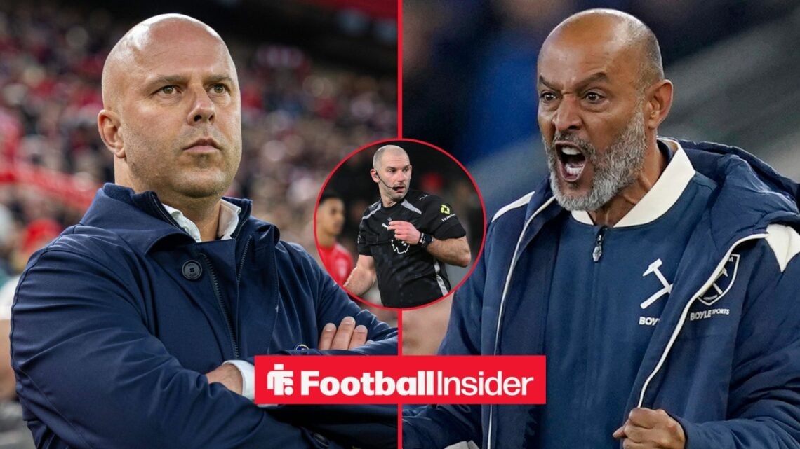 Arne Slot crossing his arms on the sidelines at Anfield / Nuno Espirito Santo manager of West Ham United celebrates his side s goal to make it 1-1 ...