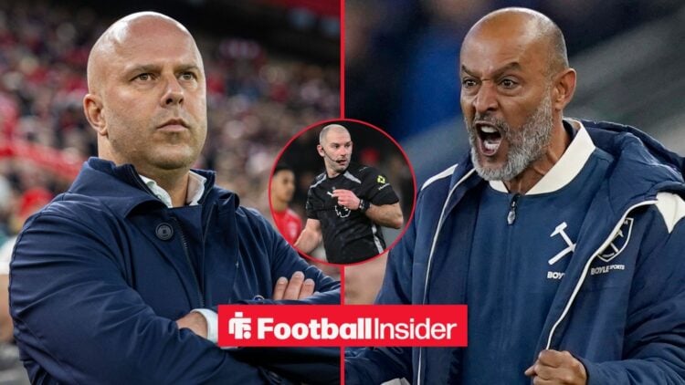 Arne Slot crossing his arms on the sidelines at Anfield / Nuno Espirito Santo manager of West Ham United celebrates his side s goal to make it 1-1 ...