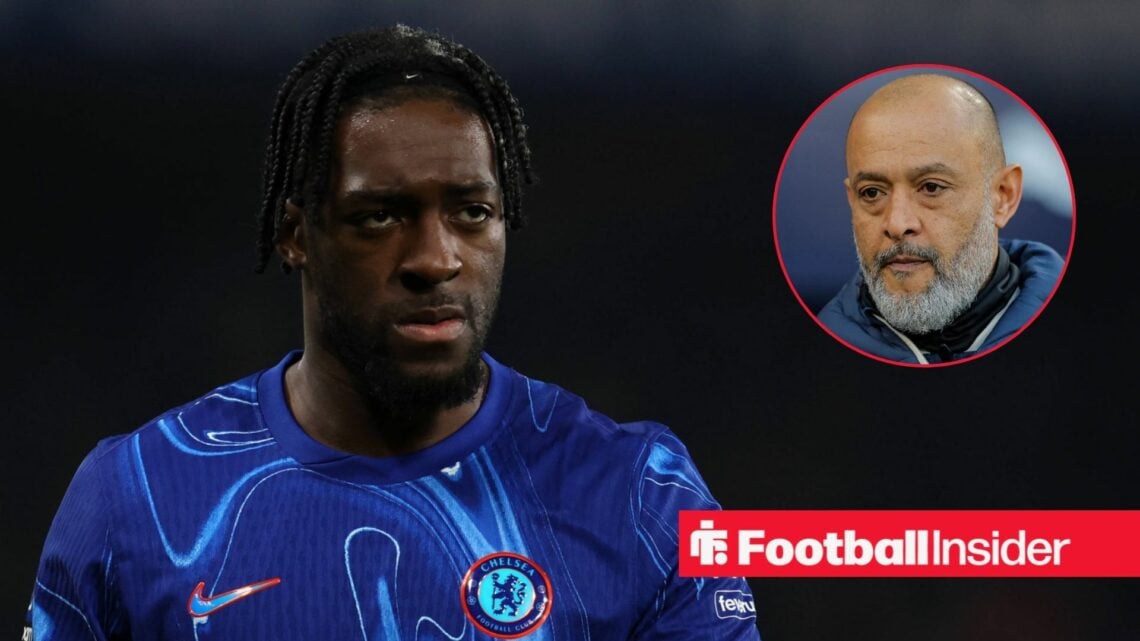 Axel Disasi in action for Chelsea, with Nuno Espirito Santo in a circular inset