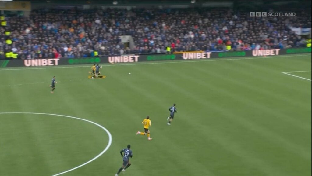 A screenshot from BBC Sportscene showing the position of John Souttar's tackle during Livingston vs Rangers.