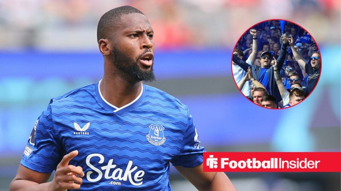 Beto in action during a game as Everton fans celebrate in the stands.