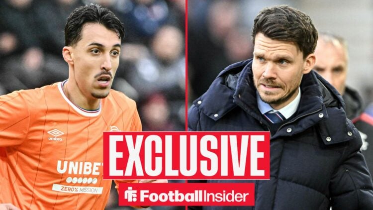 Football Insider exclusive as Rangers striker Bojan Miovski is in action during a game, while manager Danny Rohl looks concerned in the right half ...