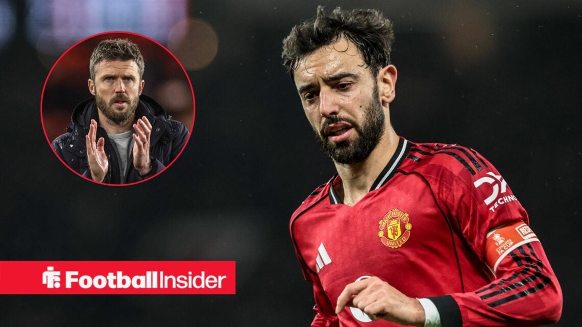 Bruno Fernandes playing for Man United, Michael Carrick in a circular inset