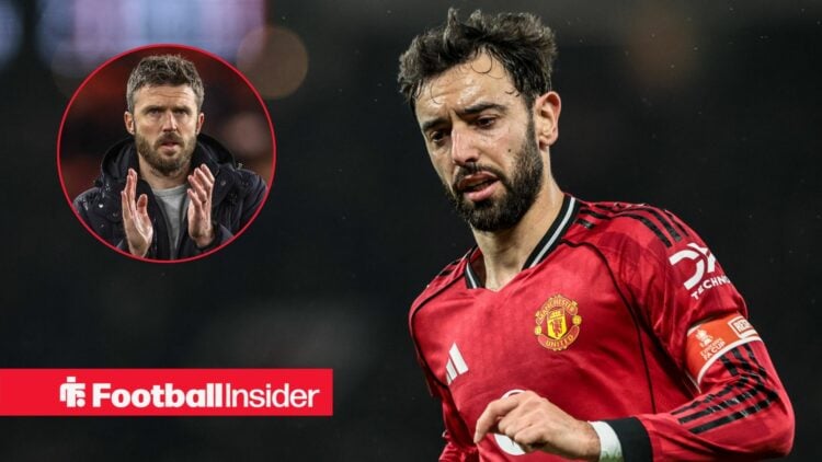 Bruno Fernandes playing for Man United, Michael Carrick in a circular inset