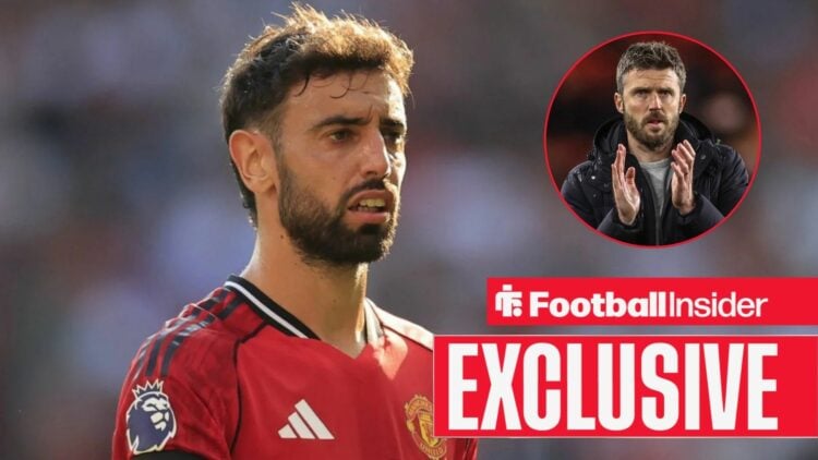 Bruno Fernandes in a Man United shirt with Michael Carrick included in a circular inset