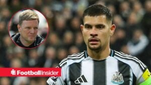 Bruno Guimaraes in action for Newcastle with Eddie Howe in a circular inset