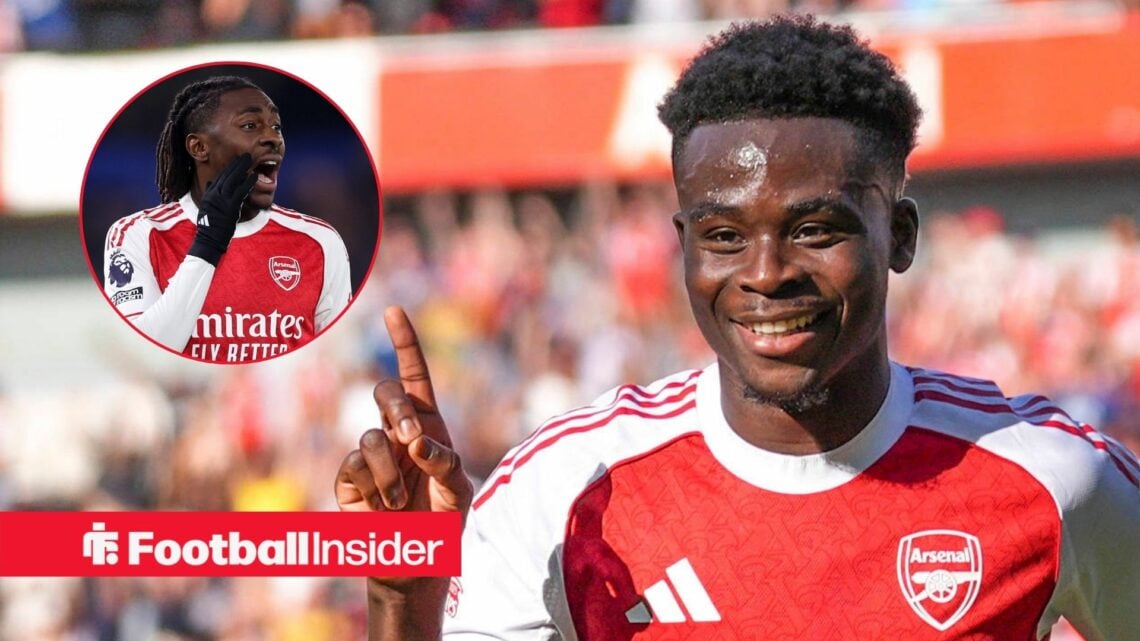 Bukayo Saka of Arsenal celebrates after scoring his sides second goal during the Emirates Cup match at the Emirates Stadium, London / Eberechi Eze ...