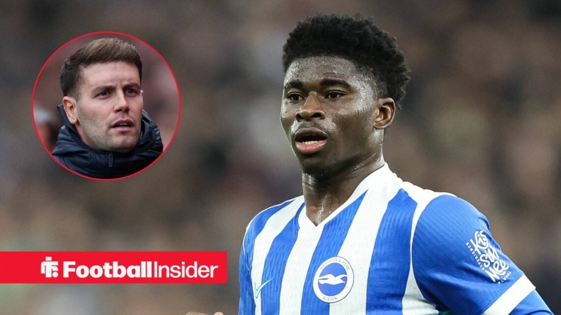 Carlos Baleba in action for Brighton, with Fabian Hurzeler in a circular inset