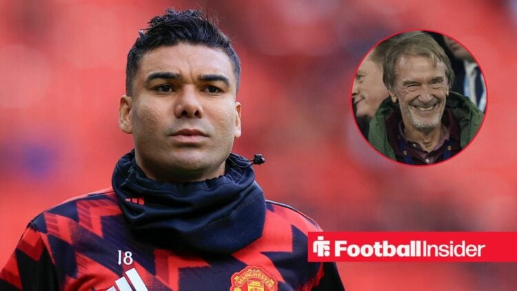 Casemiro pre-match for Man United, with Sir Jim Ratcliffe in a circular inset