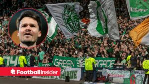 Celtic fans wave flags in the stands as Rangers manager Danny Rohl grins in a circular inset.