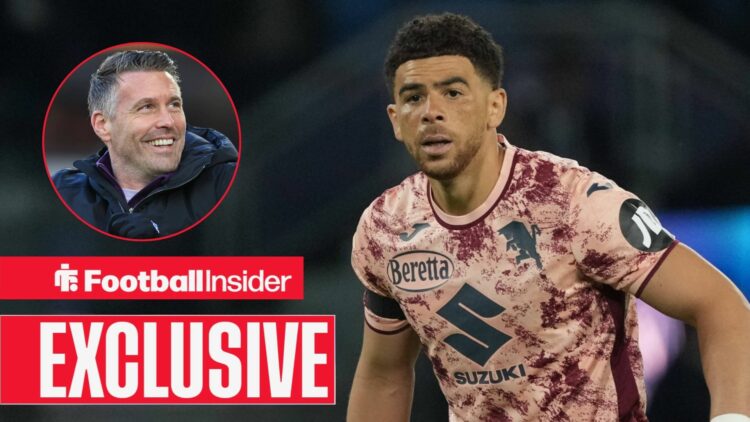 Football Insider exclusive as Che Adams is in action for Torino, as Wolves manager Rob Edwards grins in a circular inset.