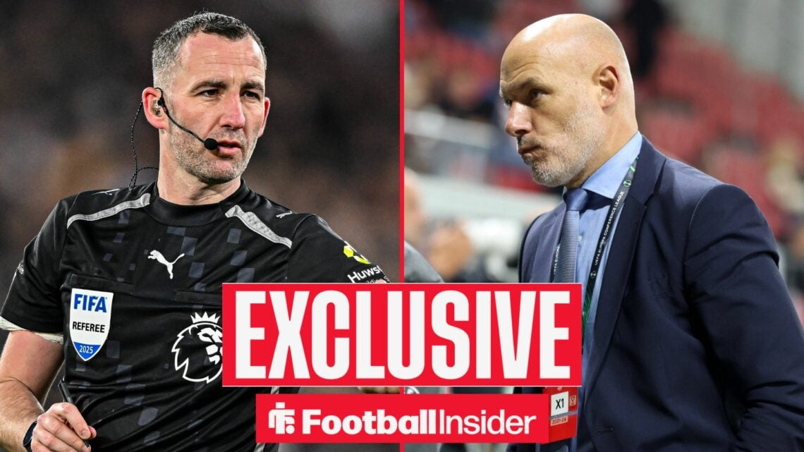 Chris Kavanagh, the match referee, gestures during the Premier League match between West Ham United and Fulham at the London Stadium in Stratford, ...