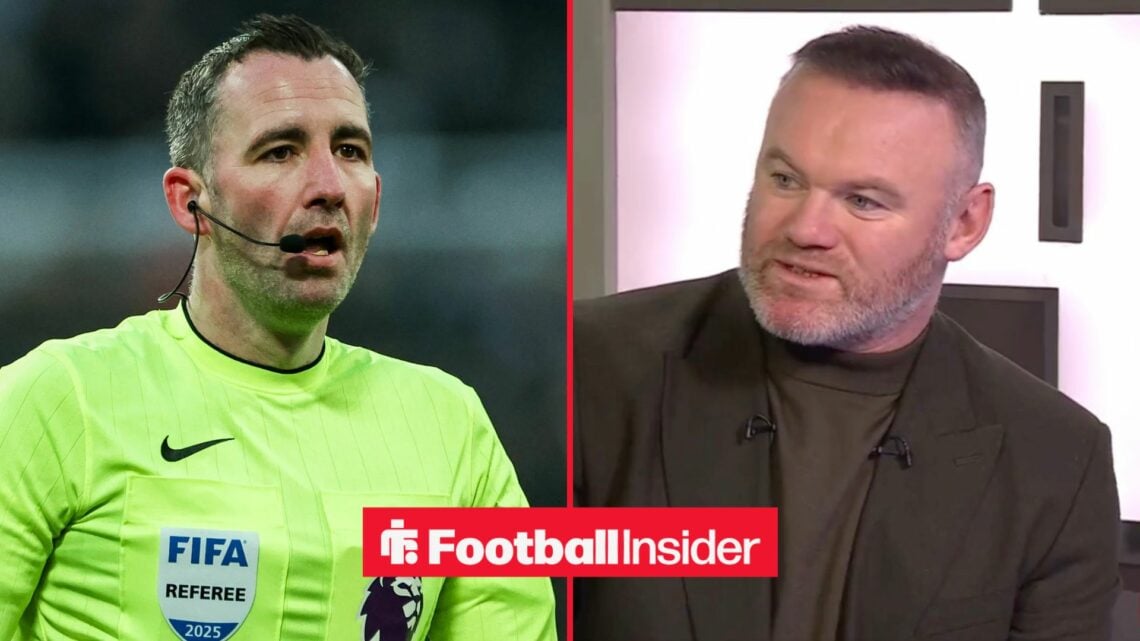 Chris Kavanagh and Wayne Rooney stare at each other from either side of a split image.