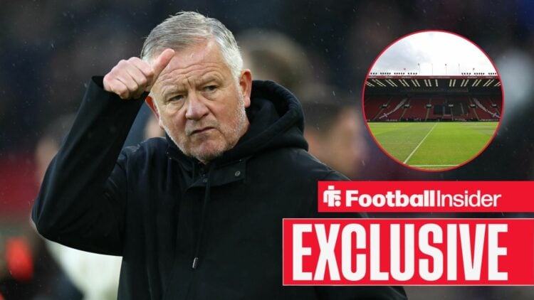 Football Insider exclusive as Sheffield United manager Chris Wilder sticks his thumb up, while the club's Bramall Lane ground features in a circula...