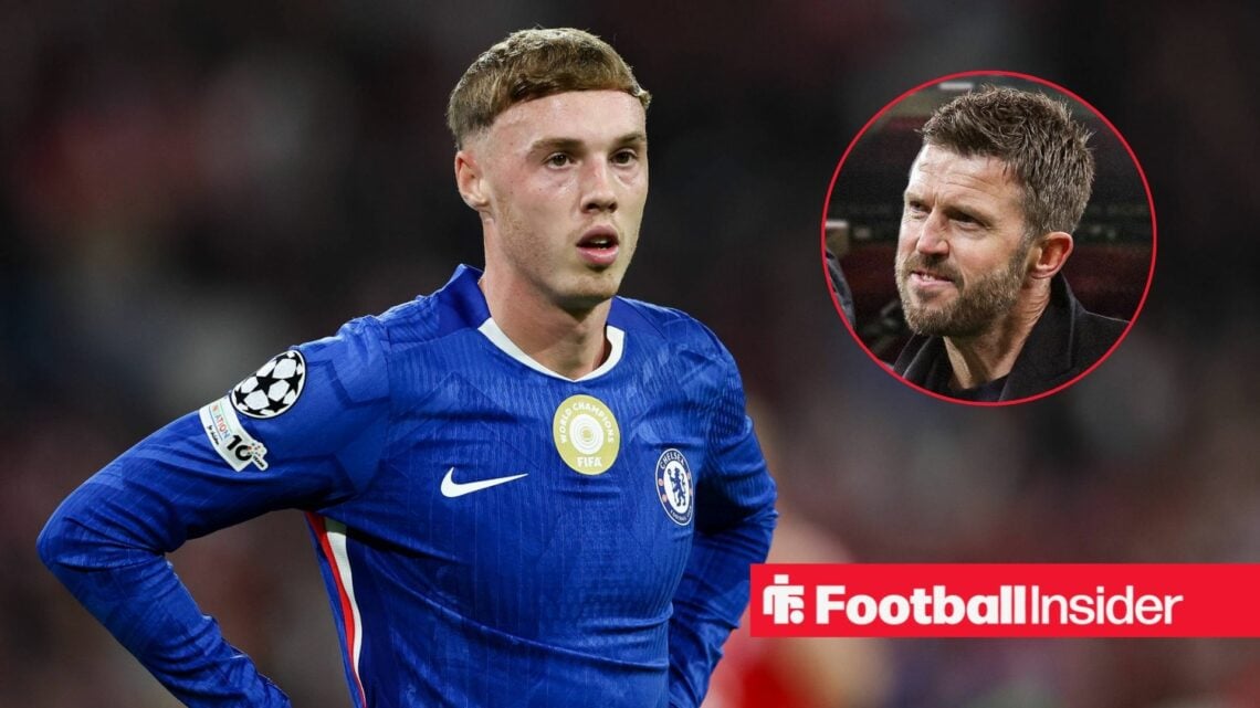 Cole Palmer in a Chelsea shirt with Michael Carrick included in a circular inset