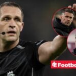 Referee Craig Pawson raises his arm during a game as Wolves manager Rob Edwards and Aston Villa boss Unai Emery watch on from a pair of circular insets.