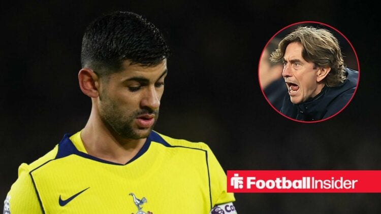 Cristian Romero in action for Tottenham, with Thomas Frank in a circular inset