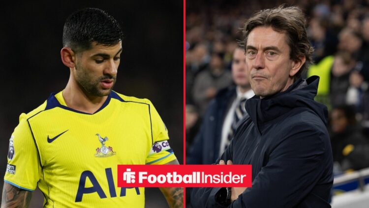 Tottenham defender Cristian Romero stares at the floor as Thomas Frank looks frustrated in the other side of a split image.