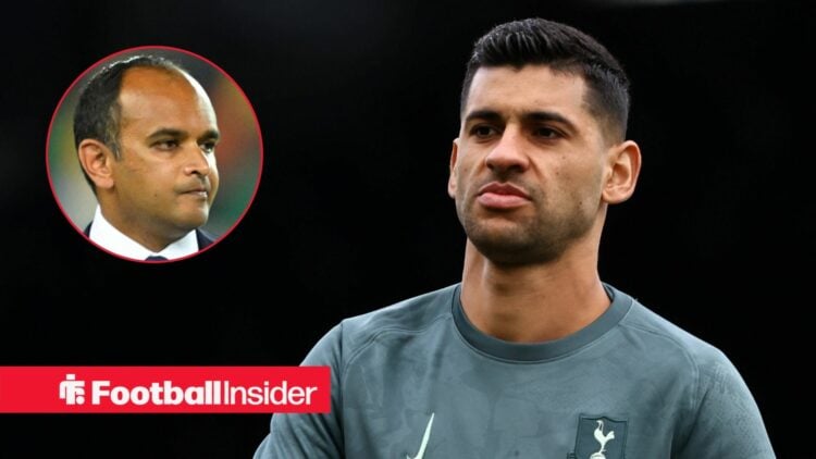 Cristian Romero in action for Tottenham, with Vinai Venkatesham in a circular inset