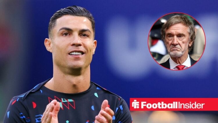 Cristiano Ronaldo in training, with Jim Ratcliffe in a circular inset