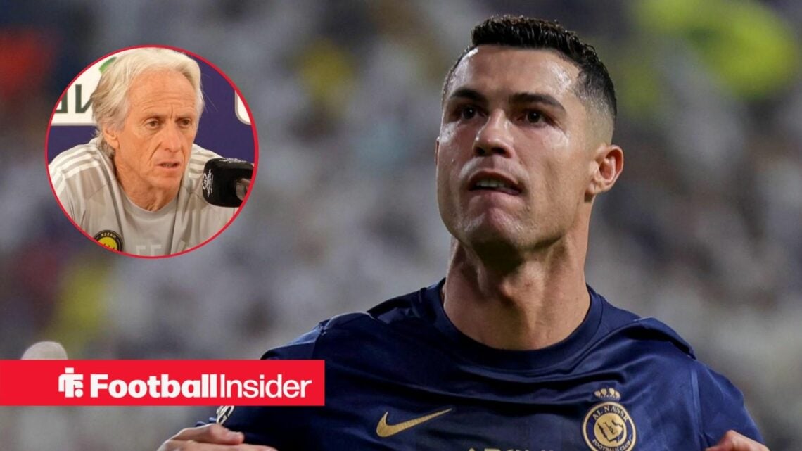 Cristiano Ronaldo in action for Al-Nassr with Jorge Jesus in a circular inset