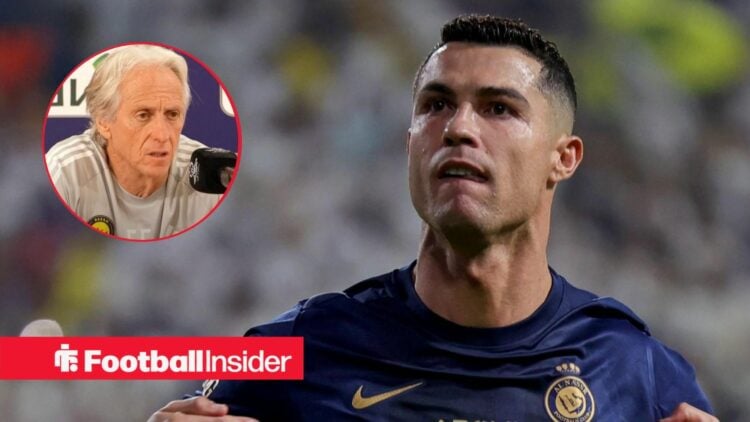 Cristiano Ronaldo in action for Al-Nassr with Jorge Jesus in a circular inset