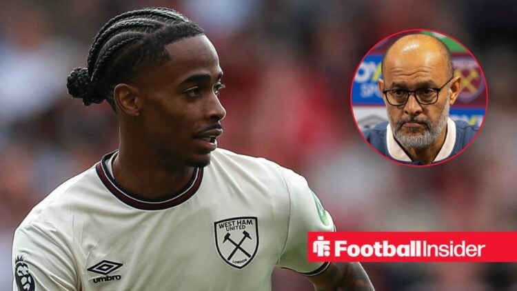 Crysencio Summerville in action for West Ham, with Nuno Espirito Santo in a circular inset