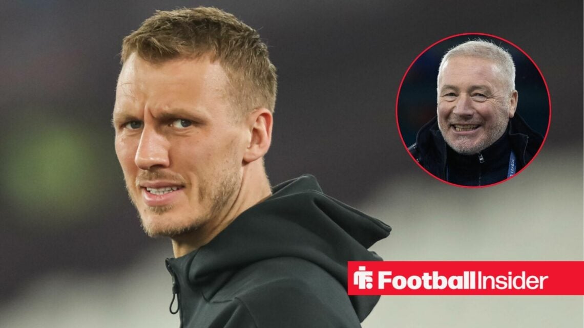 Newcastle defender Dan Burn glances towards pundit Ally McCoist, who smiles in a circular inset.